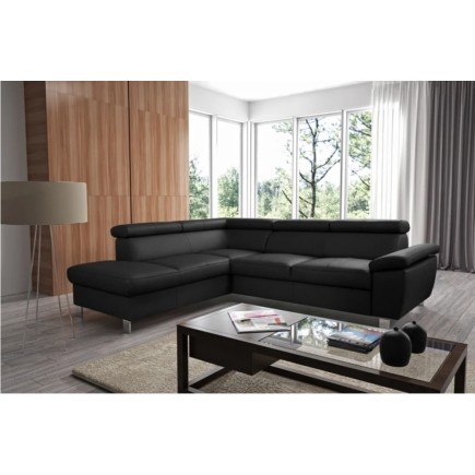 Canapé d'angle convertible en cuir italien de luxe 5 places LUTECIA avec coffre, noir, angle gauche