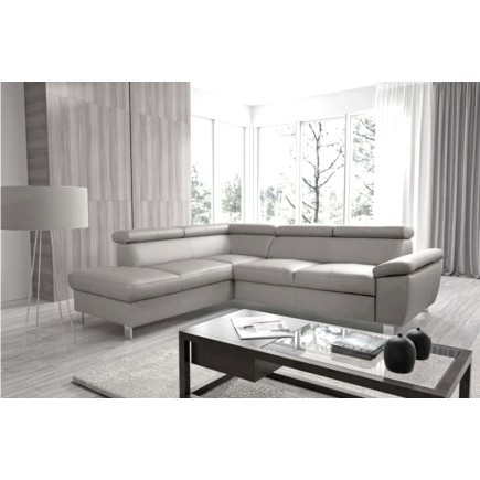 Canapé d'angle convertible en cuir italien de luxe 5 places LUTECIA avec coffre, gris clair, angle gauche
