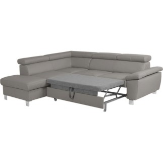 Canapé d'angle convertible en cuir italien de luxe 5 places LUTECIA avec coffre, gris clair, angle gauche