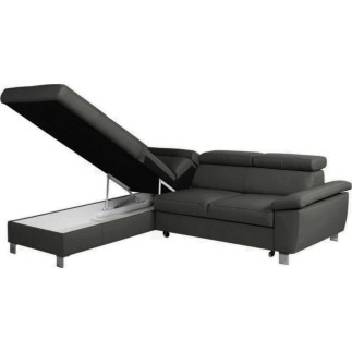 - Canapé d'angle convertible en cuir italien de luxe 5 places LUTECIA avec coffre, gris foncé, angle gauche