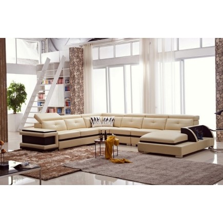 Canapé d'angle cuir buffle italien 7/8 places, BELLISSIMO, beige et chocolat, angle gauche