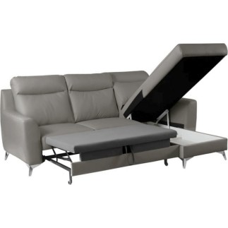 Canapé d'angle convertible en cuir italien de luxe 5/6 places GIANNI avec coffre, gris clair, angle droit