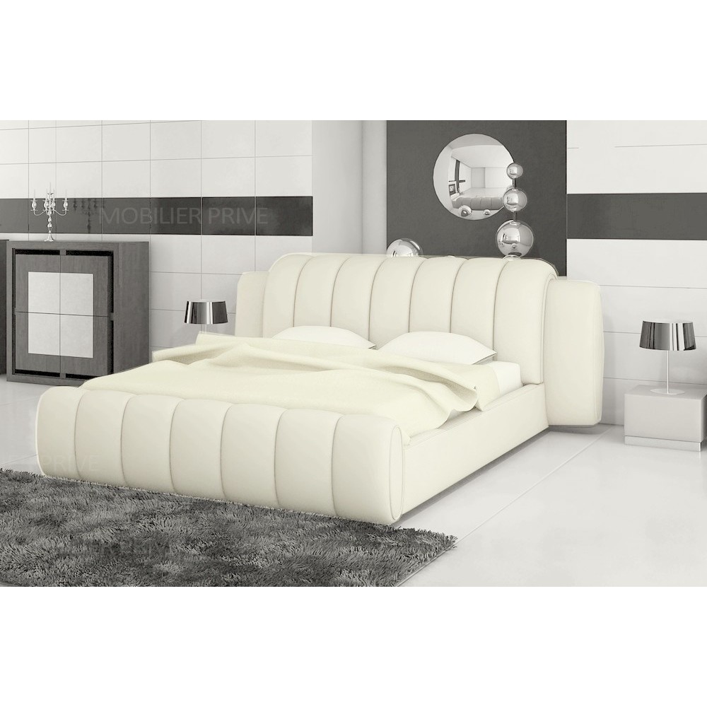 Lit design en cuir italien de luxe SPLENDIDE, ECRU, 140X190, avec sommier à lattes Lit design en cuir italien de luxe SPLENDIDE, ECRU, 140X190, avec sommier à lattes