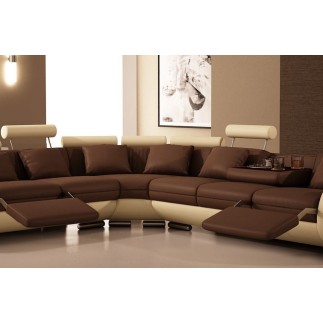 Canapé d'angle en cuir italien 5/6 places PETIT EXCELIA, chocolat et beige, angle gauche