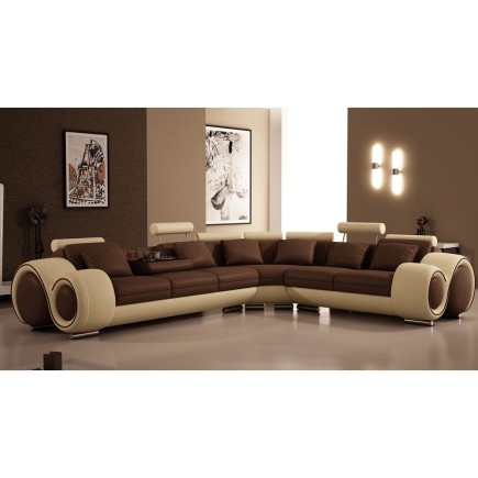 Canapé d'angle en cuir italien 5/6 places PETIT EXCELIA, chocolat et beige, angle droit