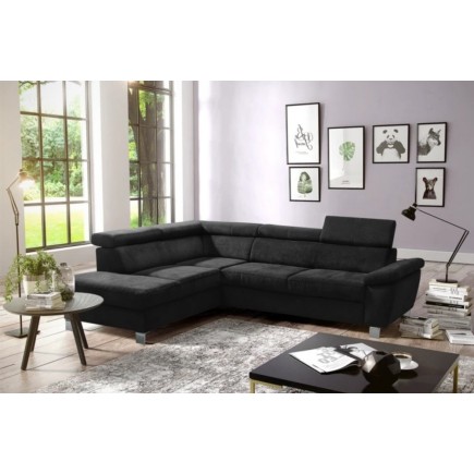 Canapé d'angle en velours luxe 5 places LUGO noir, angle gauche