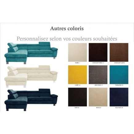 Canapé d'angle en velours luxe 5 places LUGO couleur personnalisée, angle gauche