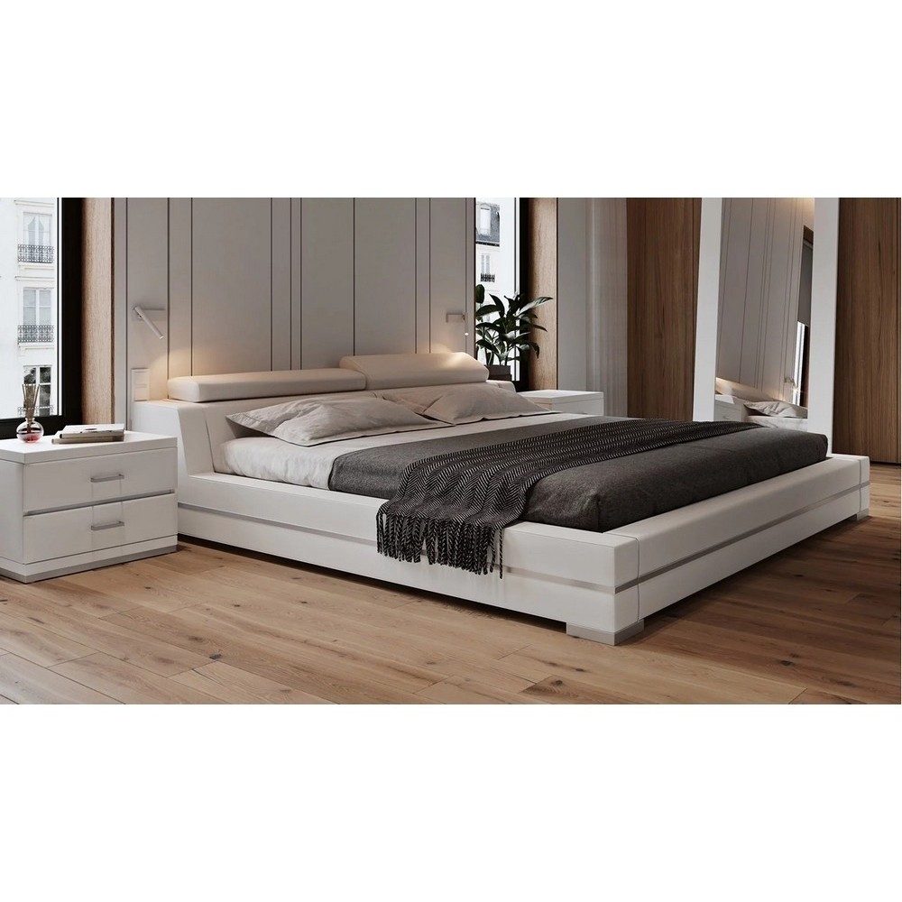 Lit design en cuir italien de luxe FENDO, avec sommier à lattes, blanc, 180x200 Lit design en cuir italien de luxe FENDO, avec sommier à lattes, blanc, 180x200