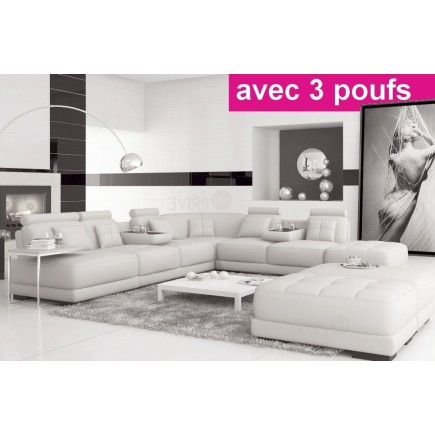 Canapé d'angle en cuir italien 7/8 places ELIXIR, blanc uni, angle droit, Petite table bout de canapé offerte, 3 poufs inclus