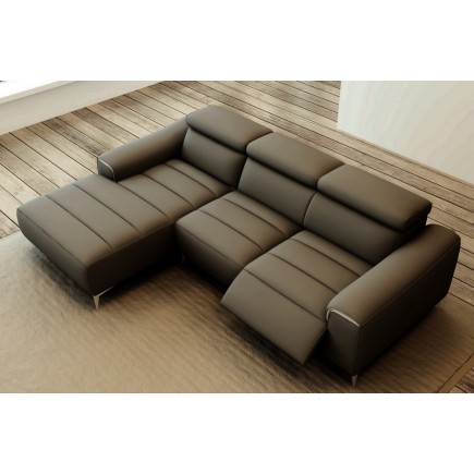 Canapé d'angle fonction relax en cuir italien 5 places SERENITY, gris foncé, angle gauche