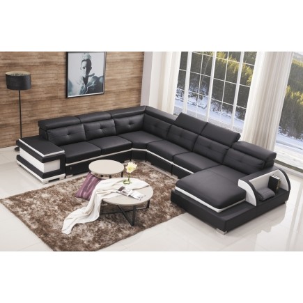 Canapé d'angle cuir buffle italien 7/8 places, BELLISSIMO, noir et blanc, angle gauche