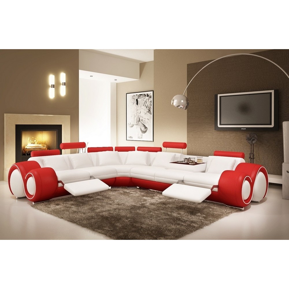 Canapé d'angle en cuir italien 5/6 places PETIT EXCELIA, blanc et rouge, angle gauche