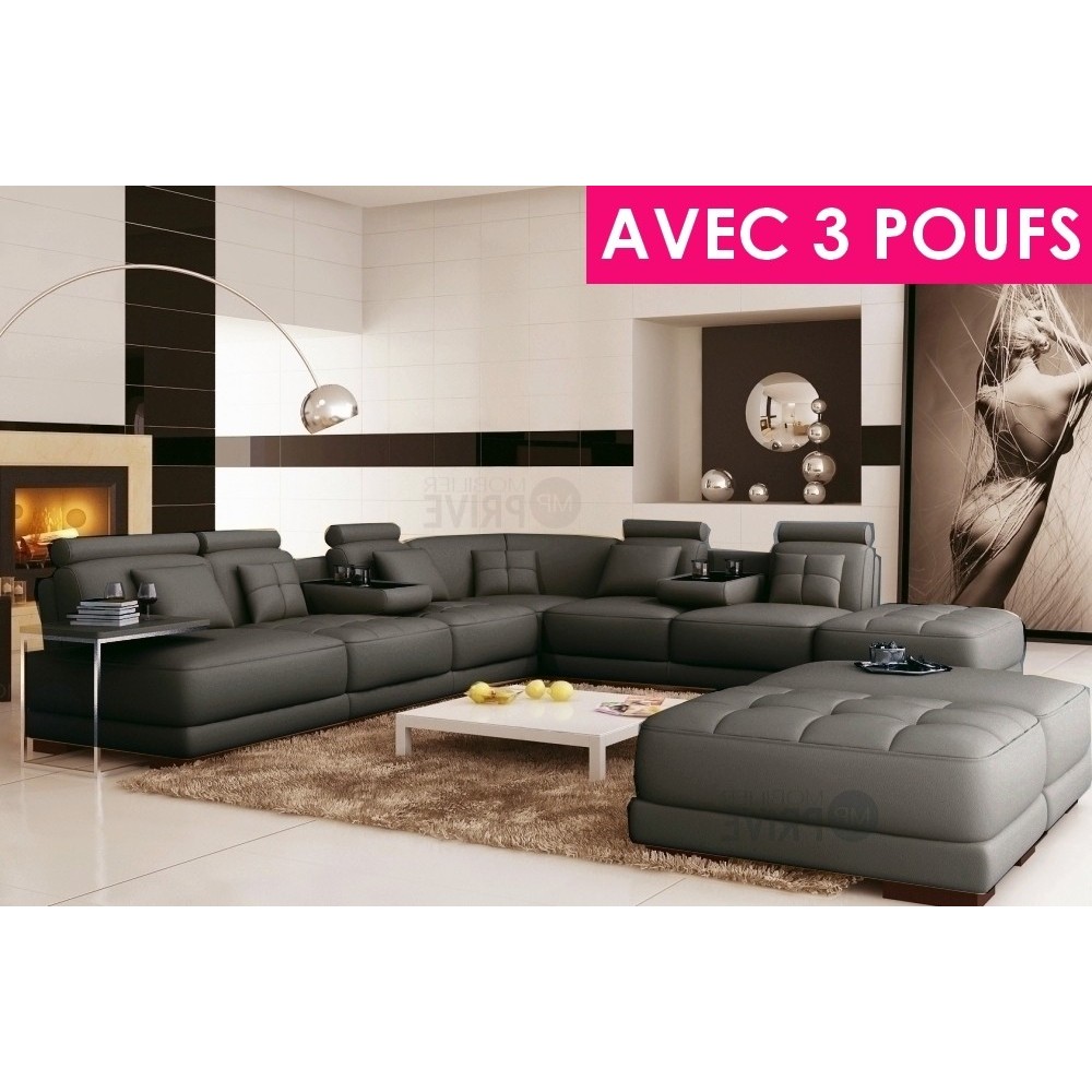 Canapé d'angle en cuir italien 7/8 places ELIXIR, Gris foncé uni, angle droit, Petite table bout de canapé offerte + 3 poufs géa Canapé d'angle en cuir italien 7/8 places ELIXIR, Gris foncé uni, angle droit, Petite table bout de canapé offerte + 3 poufs géa