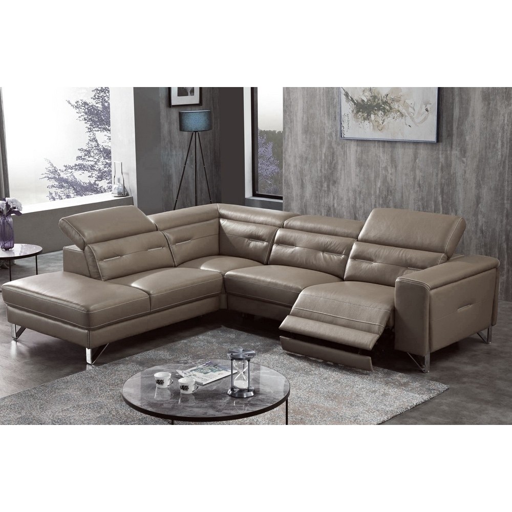 Canapé d'angle avec un relax électrique en cuir de buffle italien de luxe 6 places REVOLAX moka, angle gauche Canapé d'angle avec un relax électrique en cuir de buffle italien de luxe 6 places REVOLAX moka, angle gauche