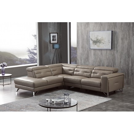 Canapé d'angle avec un relax électrique en cuir de buffle italien de luxe 6 places REVOLAX moka, angle gauche, AVEC POUF