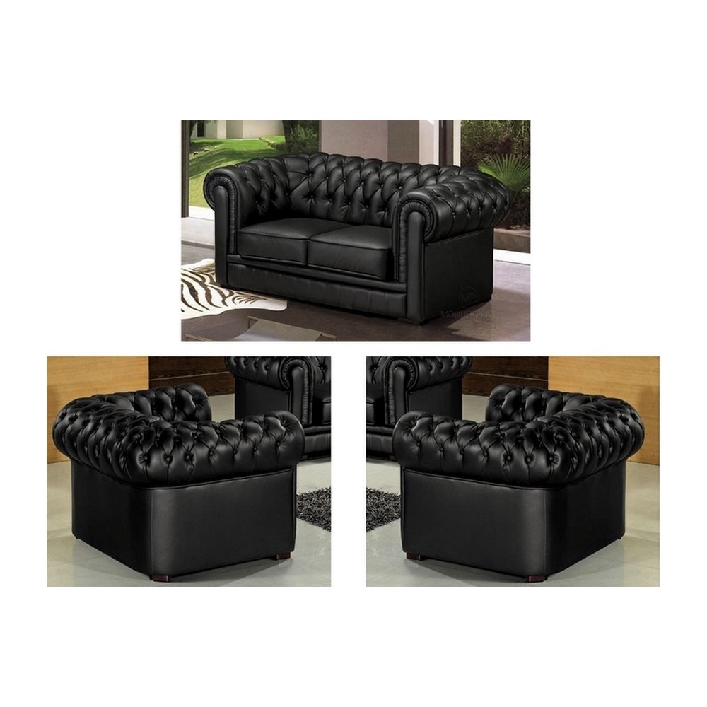 Ensemble 2+1+1, canapé 2 places et 2 fauteuils 1 place, en cuir luxe italien CHESTERFIELD, noir Ensemble 2+1+1, canapé 2 places et 2 fauteuils 1 place, en cuir luxe italien CHESTERFIELD, noir
