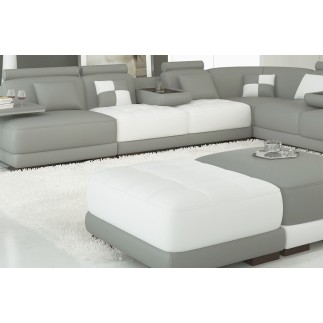 Canapé d'angle en cuir italien 7/8 places ELIXIR, gris clair et blanc, angle droit (vu de face), 1 pouf inclus, table offerte