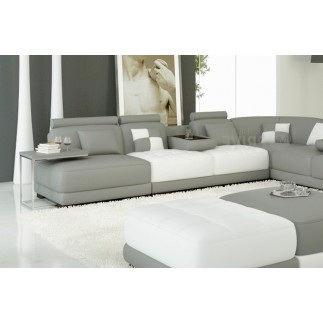 Canapé d'angle en cuir italien 7/8 places ELIXIR, gris clair et blanc, angle droit (vu de face), 1 pouf inclus, table offerte