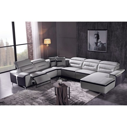 Canapé d'angle relax électrique en cuir buffle italien de luxe: COMBIRELAX, gris clair et noir, angle gauche, TABLE OFFERTE