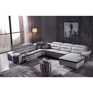 Canapé d'angle relax électrique en cuir buffle italien de luxe: COMBIRELAX, gris clair et noir, angle gauche, TABLE OFFERTE