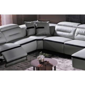 Canapé d'angle relax électrique en cuir buffle italien de luxe: COMBIRELAX, gris clair et noir, angle gauche, TABLE OFFERTE