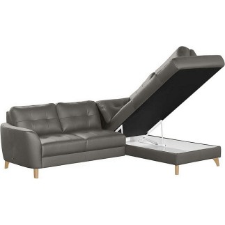 Canapé d'angle convertible en cuir italien de luxe 5 places NORIA avec coffre, gris foncé, angle droit