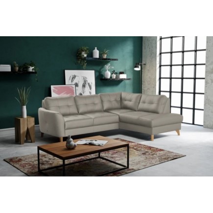 Canapé d'angle convertible en cuir italien de luxe 5 places NORIA avec coffre, gris clair, angle droit