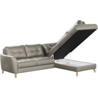 Canapé d'angle convertible en cuir italien de luxe 5 places NORIA avec coffre, gris clair, angle droit