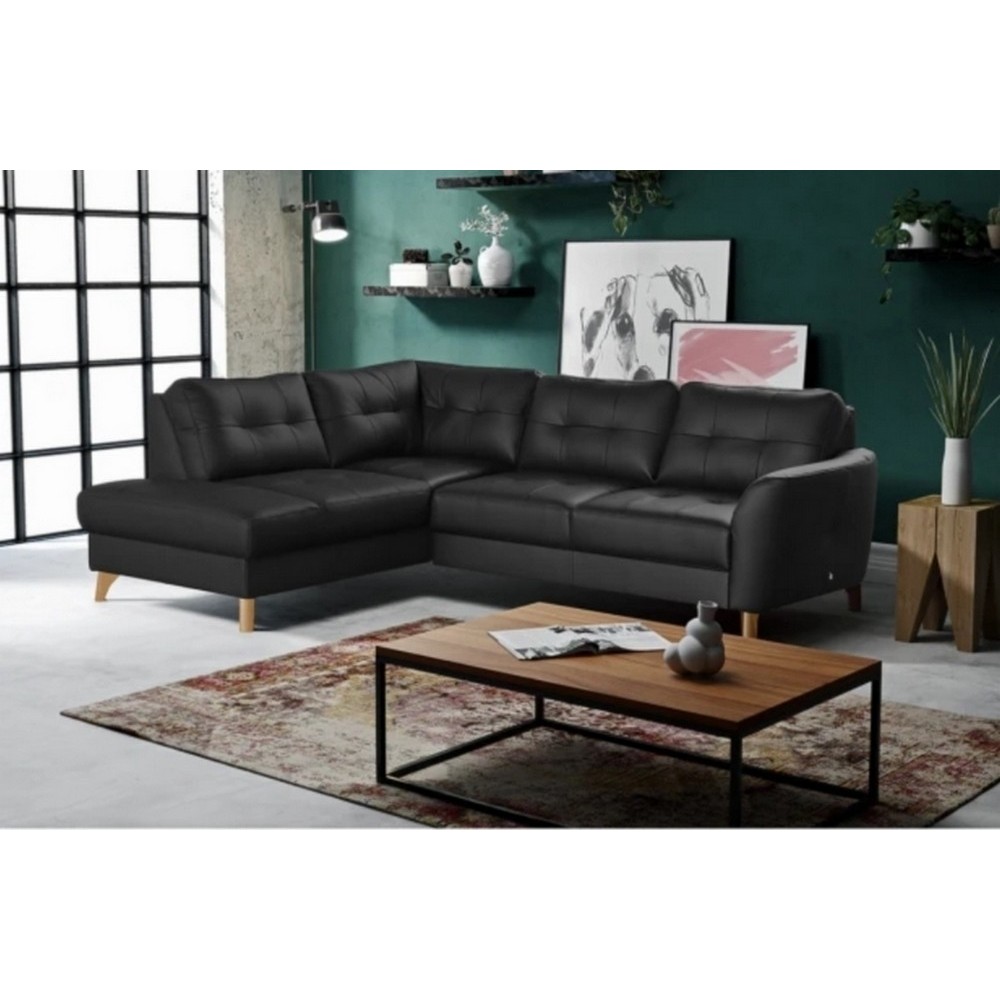 Canapé d'angle convertible en cuir italien de luxe 5 places NORIA avec coffre, noir, angle gauche Canapé d'angle convertible en cuir italien de luxe 5 places NORIA avec coffre, noir, angle gauche