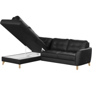 Canapé d'angle convertible en cuir italien de luxe 5 places NORIA avec coffre, noir, angle gauche