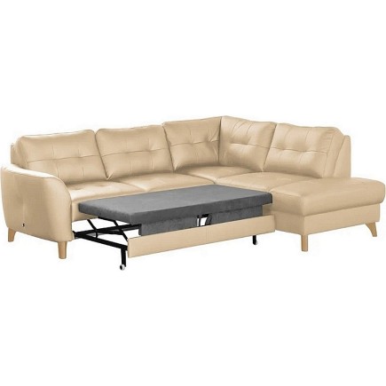 Canapé d'angle convertible en cuir italien de luxe 5 places NORIA avec coffre, beige, angle droit