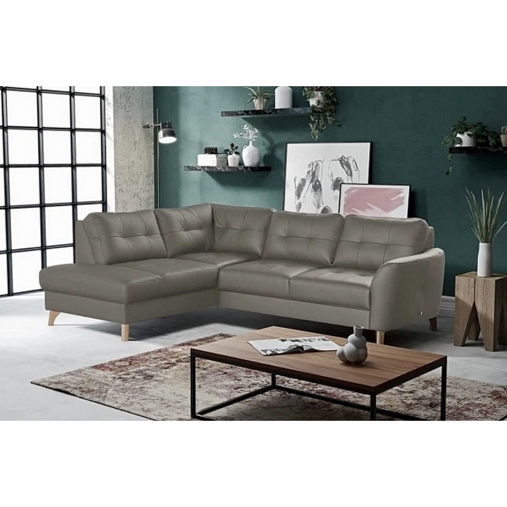 Canapé d'angle convertible en cuir italien de luxe 5 places NORIA avec coffre, taupe, angle gauche Canapé d'angle convertible en cuir italien de luxe 5 places NORIA avec coffre, taupe, angle gauche