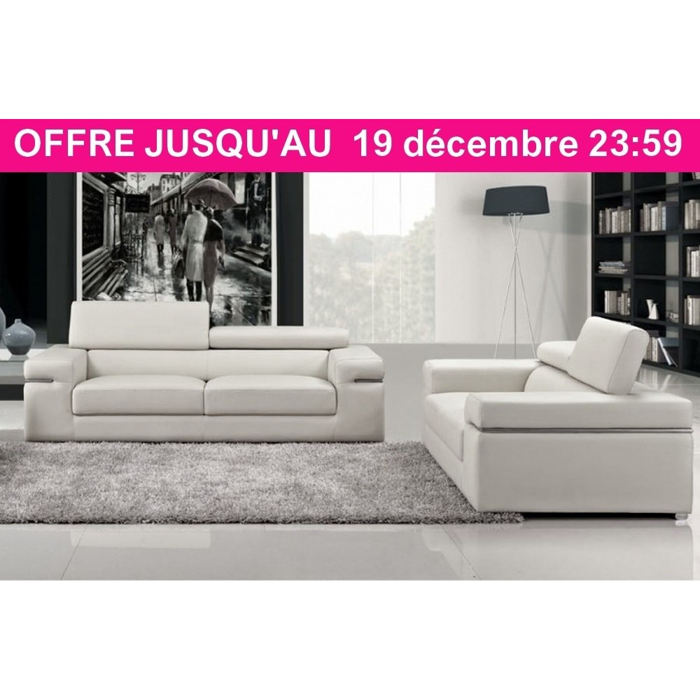 Ensemble composé d'un canapé 3 places et d'un canapé 2 places en cuir luxe italien, ALONSO, blanc