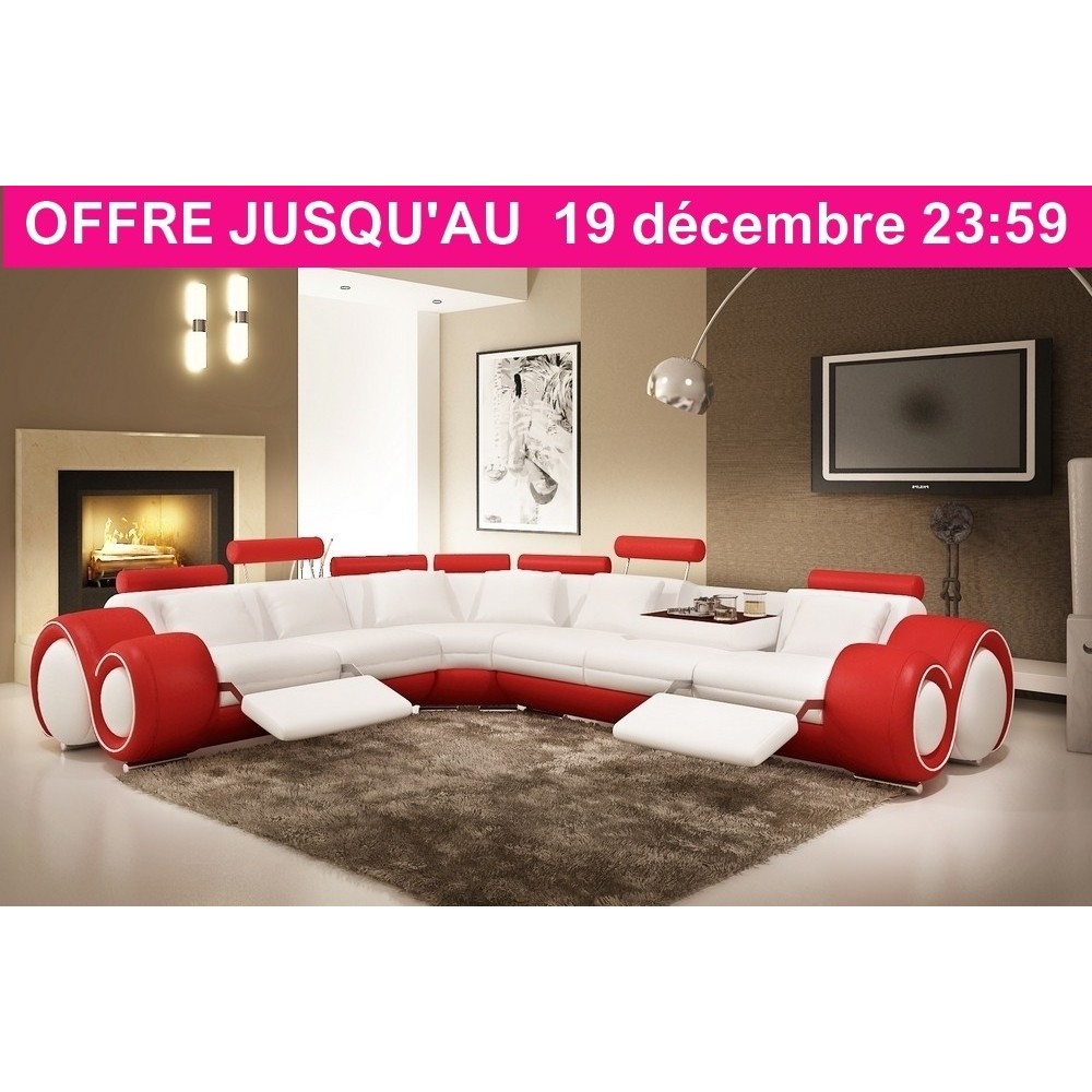 Canapé d'angle en cuir italien 5/6 places PETIT EXCELIA, blanc et rouge, angle gauche Canapé d'angle en cuir italien 5/6 places PETIT EXCELIA, blanc et rouge, angle gauche