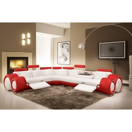 Canapé d'angle en cuir italien 5/6 places PETIT EXCELIA, blanc et rouge, angle gauche