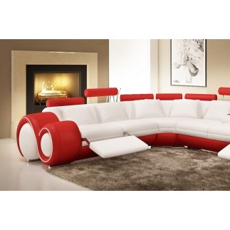 Canapé d'angle en cuir italien 5/6 places PETIT EXCELIA, blanc et rouge, angle gauche