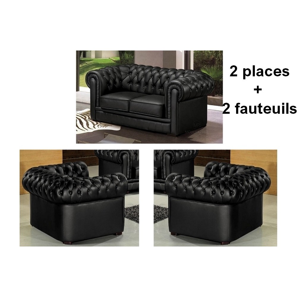 Ensemble 2+1+1, canapé 2 places et 2 fauteuils 1 place, en cuir luxe italien CHESTERFIELD, noir