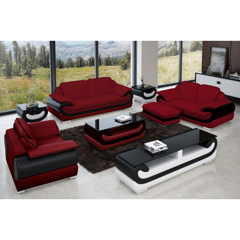 Ensemble canapé 3 places et 2 places et fauteuil en cuir italien vachette CANDIDE, bordeaux et noir, avec TABLE BASSE Ensemble canapé 3 places et 2 places et fauteuil en cuir italien vachette CANDIDE, bordeaux et noir, avec TABLE BASSE