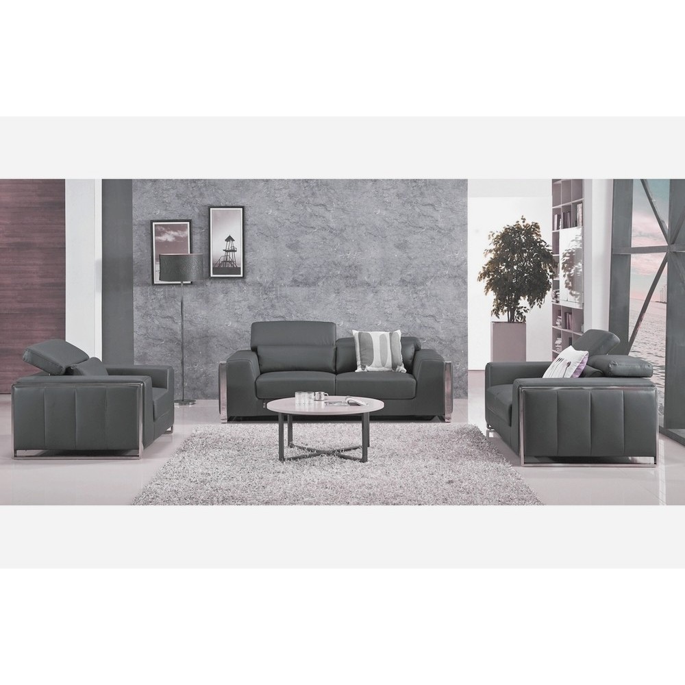 Ensemble Canapé 3 places et 2 places et fauteuil 1 place en cuir italien buffle LUXY, gris foncé Ensemble Canapé 3 places et 2 places et fauteuil 1 place en cuir italien buffle LUXY, gris foncé