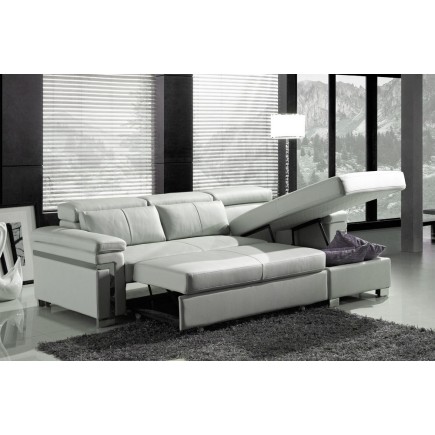 Canapé d'angle convertible en cuir buffle italien 5 places, ALLURE, blanc, angle droit