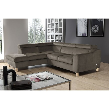Canapé d'angle en velours luxe 5 places, ASHLEY, taupe, angle gauche (vu de face)