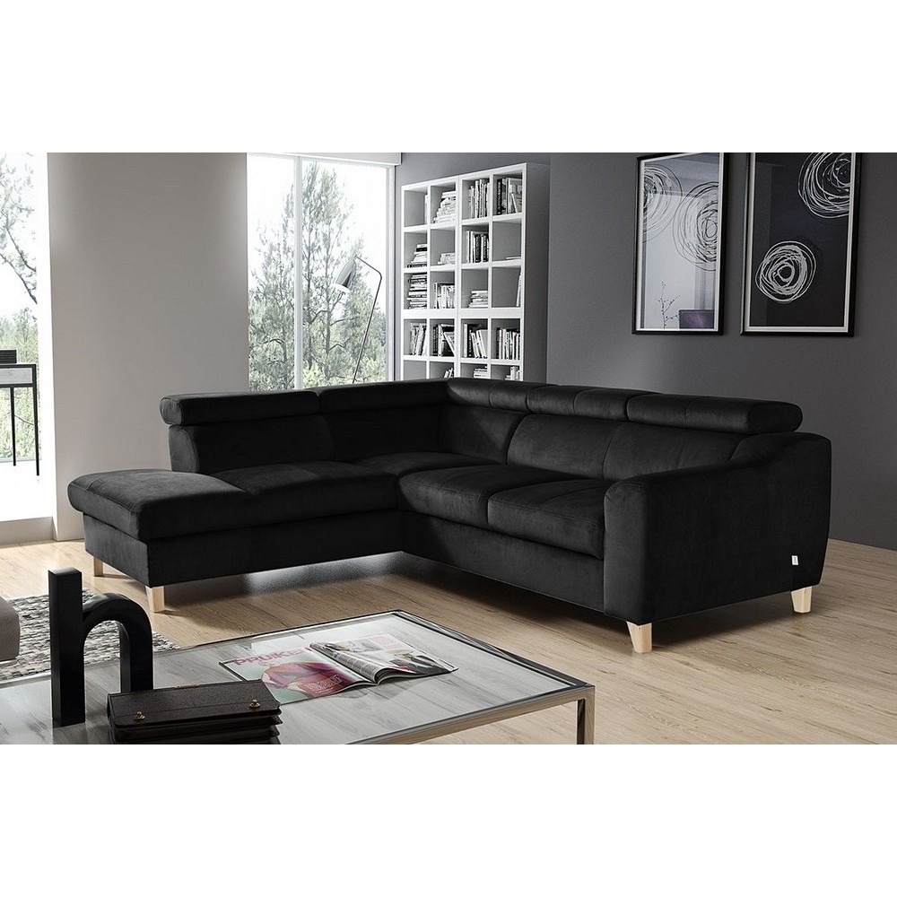 - Canapé d'angle en velours luxe 5 places, ASHLEY, noir, angle gauche (vu de face)
