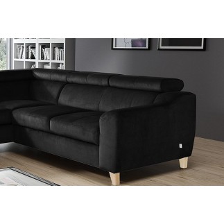 - Canapé d'angle en velours luxe 5 places, ASHLEY, noir, angle gauche (vu de face)