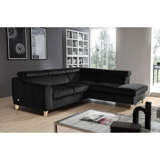 Canapé d'angle en velours luxe 5 places, ASHLEY, noir, angle droit (vu de face)