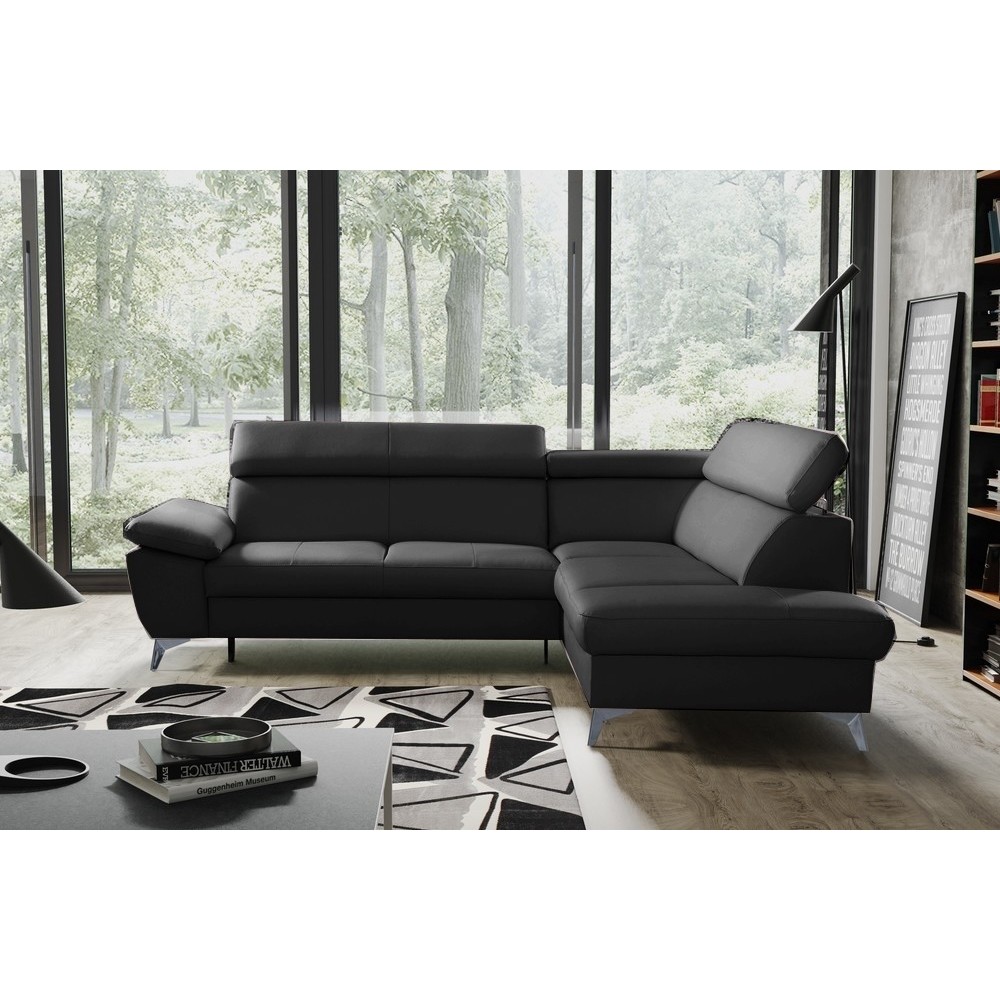 Canapé d'angle convertible en cuir italien de luxe 5 places WARREN II, avec coffre, noir, angle droit Canapé d'angle convertible en cuir italien de luxe 5 places WARREN II, avec coffre, noir, angle droit