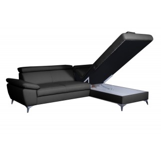 Canapé d'angle convertible en cuir italien de luxe 5 places WARREN II, avec coffre, noir, angle droit