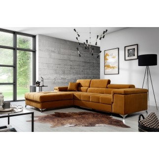 - Canapé d'angle convertible en tissu velours luxe 5 places, RICHARD, couleur moutarde, angle gauche