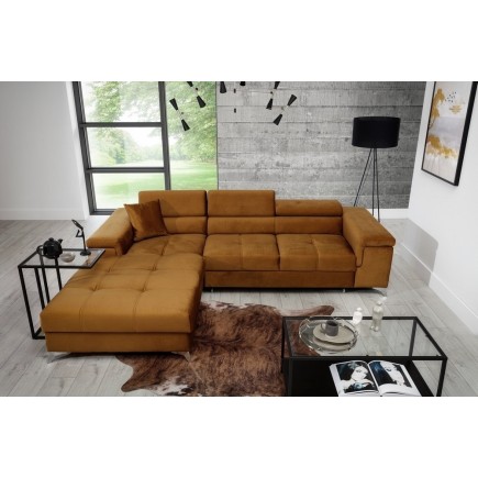 - Canapé d'angle convertible en tissu velours luxe 5 places, RICHARD, couleur moutarde, angle gauche