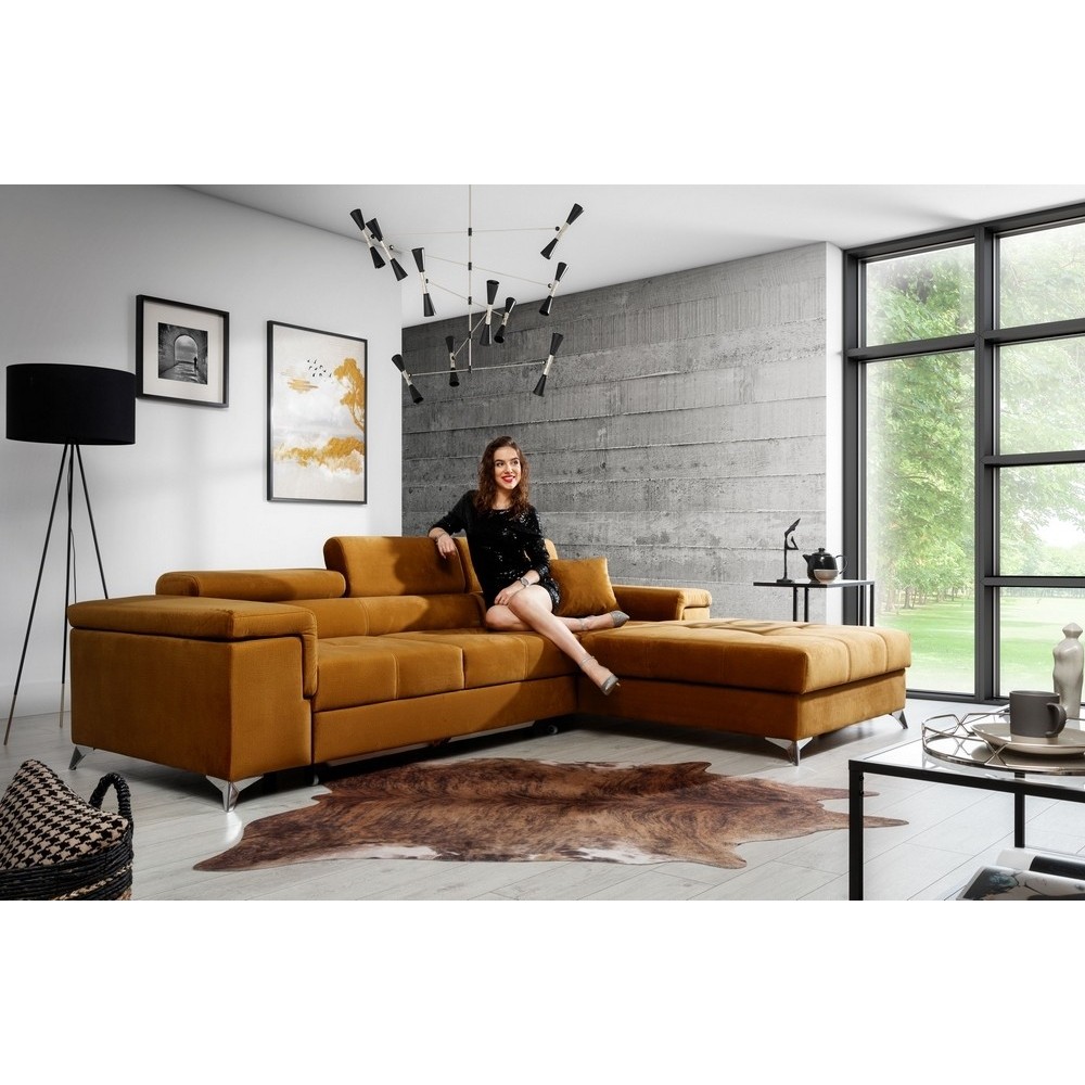 Canapé d'angle convertible en tissu velours luxe 5 places, RICHARD, couleur moutarde, angle droit Canapé d'angle convertible en tissu velours luxe 5 places, RICHARD, couleur moutarde, angle droit