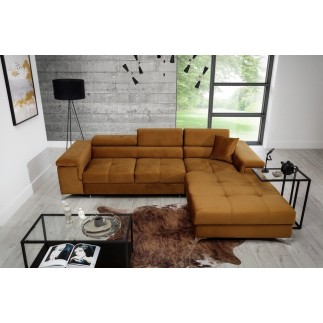 Canapé d'angle convertible en tissu velours luxe 5 places, RICHARD, couleur moutarde, angle droit